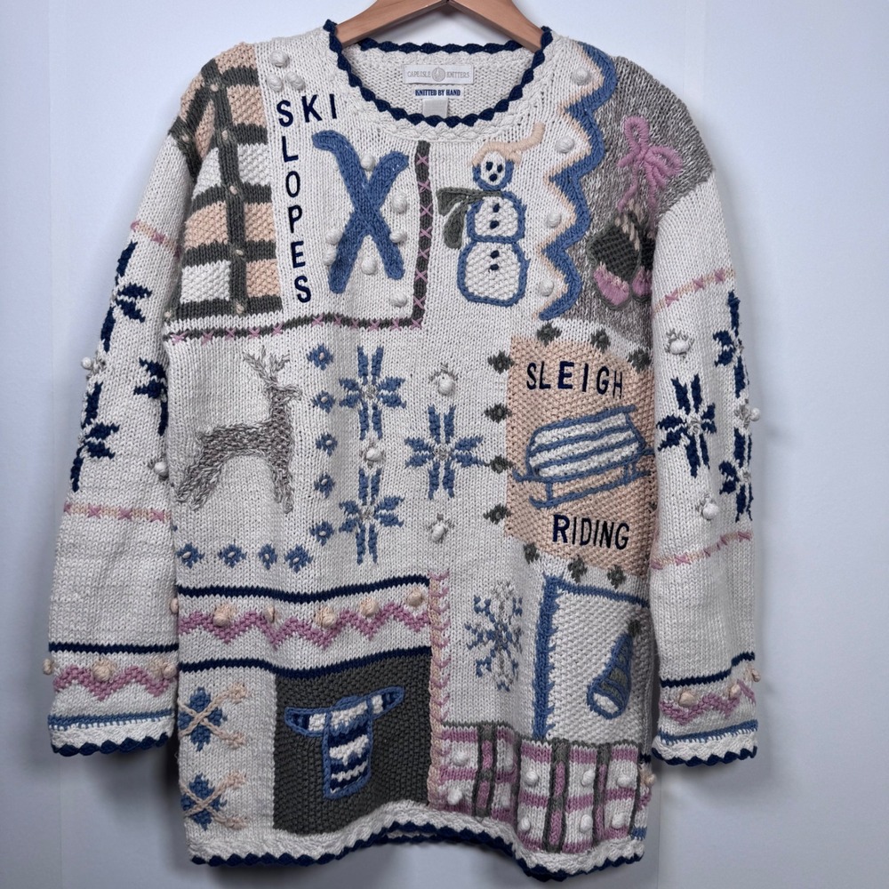Cape Isle Knitters Sweater Womens M Ivory Hand Knit Grandma Snowmen Festive VTG